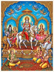 Fototapeta premium Hindu deity riding white horse surrounded by gods and goddesses in temple