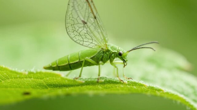 Small Green Insect on Leaf with Gentle Wing Movement in Soft Natural Light