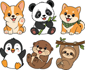 Fototapeta premium Vector cartoon illustration set of cute baby animals, adorable wildlife and pet characters isolated on white background