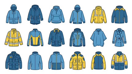 Collection of blue and yellow jacket and outerwear icons. © Yani