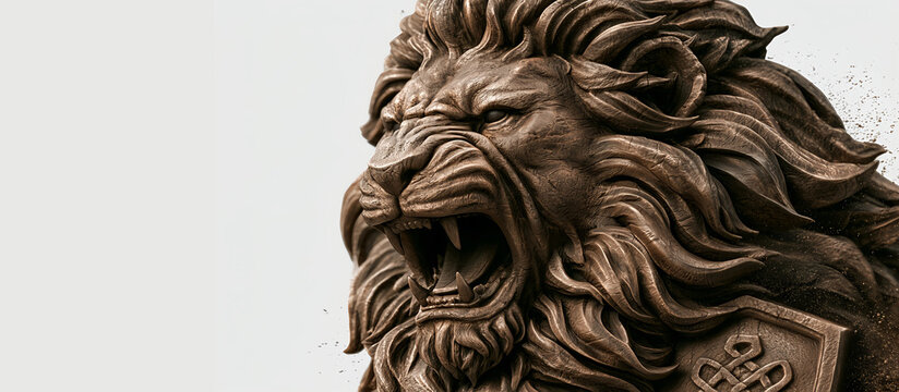 A stone lion on a white background. Illustration on the theme of sculptures and structures
