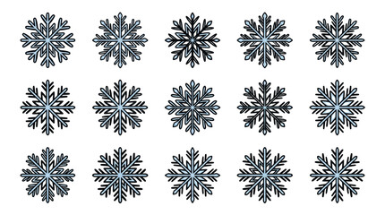 Collection of fifteen black geometric snowflake icons. © Yani