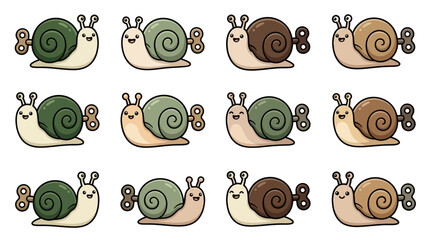 Collection of cute wind-up snail character icons. © Yani