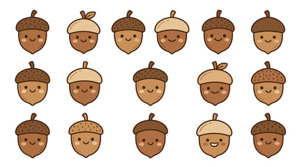 Collection of cute kawaii acorn characters with smiling faces. © Yani