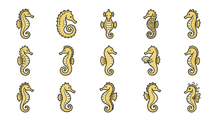 Collection of golden seahorse character and symbol icons. © Yani