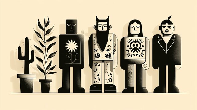 Graphic characters in various clothing. Illustrations based on comics, drawing, and graphics.