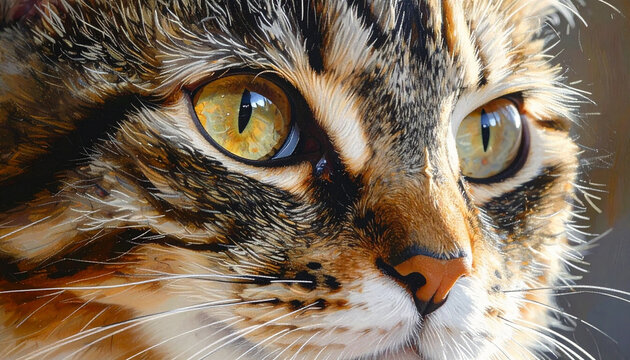 Close-up macro portrait of a tabby cat's intense golden eyes