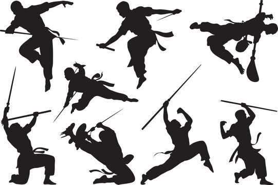 Silhouettes of diverse martial artists performing dynamic movements with various weapons demonstrating agility and skill