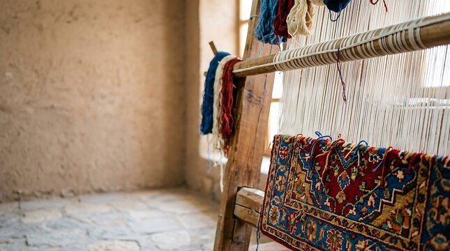Traditional wooden loom with colorful handwoven rug