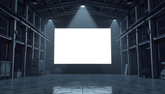 3d rendering of dark empty factory interior background or empty warehouse, a glowing white screen in the middle, doodle art. White tone