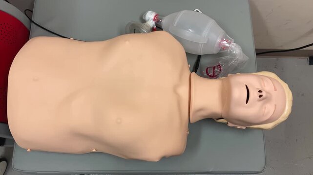 Adult CPR mannequin dummy doll & bag-valve-mask (BVM) ambu bag training equipment display on table for  career industry first aid BLS class course