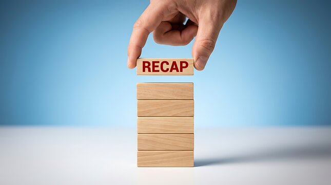 Hand placing wooden block with red word recap on stack of blocks summary review conclusion final