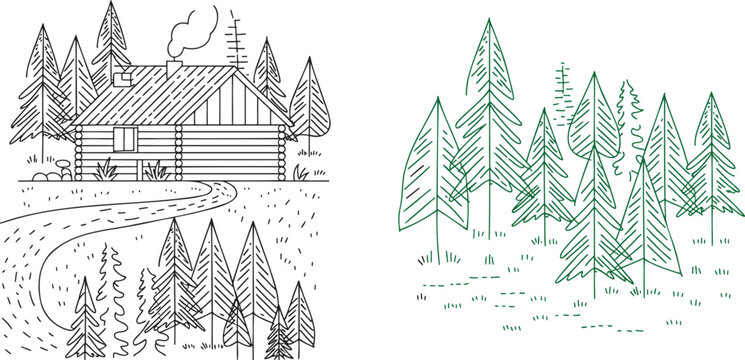 Minimalist line art illustration featuring a charming log cabin nestled among tall pine trees with a winding path