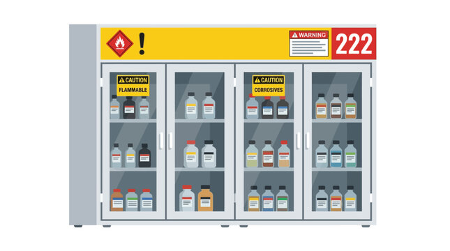 Flammable Liquid Storage Cabinet with Warning Signs and Chemical Bottles