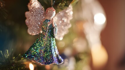 Fototapeta premium Sparkling angel ornament hanging on a Christmas tree with blurred decorations in the background
