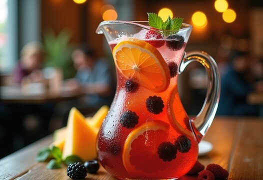 Colorful Sangria Pitcher Filled with Slices of Citrus, Berries, and Melon at Bustling Tapas Eatery
