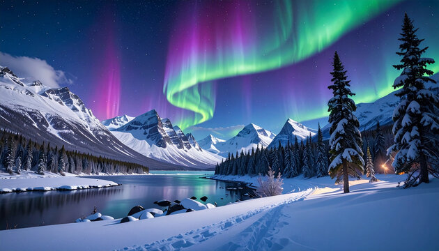Aurora borealis over snow-covered mountains and lake