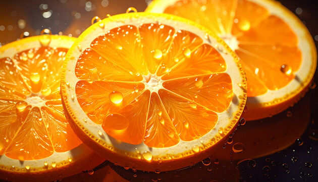 Close-up Macro of Fresh Orange Slices with Water Droplets