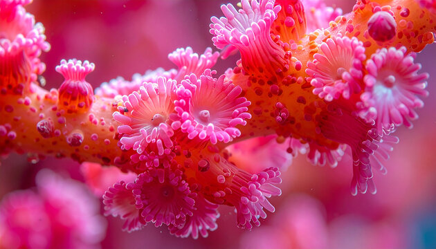 Close-up macro view of vibrant pink sea anemones on a coral branch