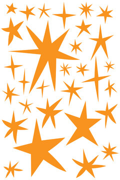 Yellow, orange star icons with sparkles and starbursts isolated on transparent PNG. Decorative elements for celebrations, awards, branding, invitations, marketing, stickers, graphic design, journaling
