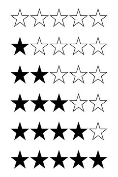 Black and white star rating collection with five-star review symbols in different levels. High-resolution PNG icons for customer feedback, reviews, testimonials, rankings, satisfaction, infographics 