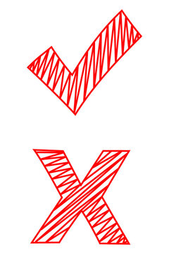 Red hatched hand-drawn check mark and cross icons with sketch texture isolated on transparent PNG. Approval, rejection, validation, voting, checklist, feedback symbols for branding, design projects