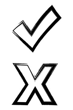 Black hand drawn outline check mark and X symbols isolated on transparent PNG. Modern validation icons for approval, rejection, forms, ratings, surveys, reviews, checklists, and user feedback