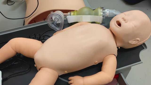 Child baby infant CPR mannequin dummy doll with bag valve mask (BVM) ambu bag training equipment display on table for career industry first aid BLS class course