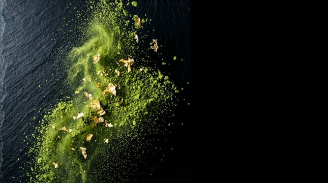 Splash of green matcha powder with gold leaf flakes on a dark background
