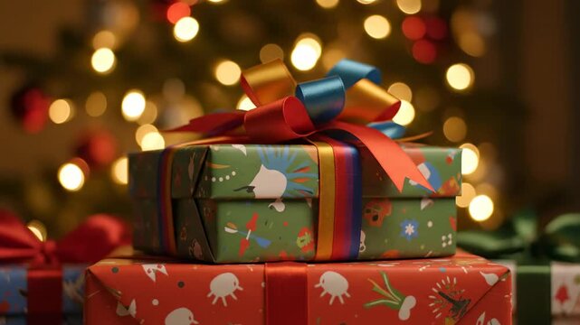A stack of neatly arranged festive gift boxes with colorful ribbons slowly coming into focus in a cozy, warm setting with soft bokeh seasonal, holiday, celebration