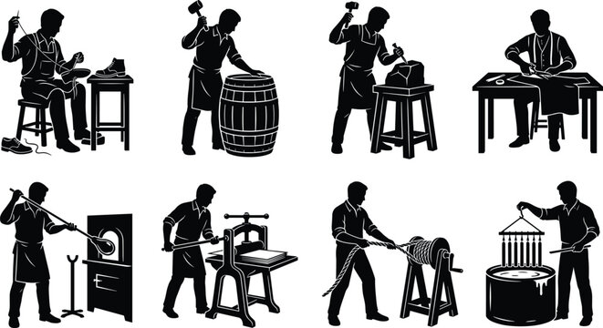 Vector Silhouette Bundle of Traditional Artisans Craftsmen and Historical Trades Including Shoemaker Cooper Stonemason Glassblower and Tailor