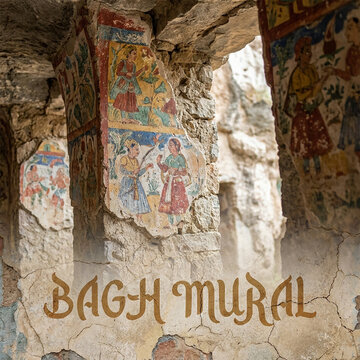 Bagh Caves Frescoes Madhya Pradesh, Ancient Buddhist Mural Paintings on Rock Cut Pillars, India
