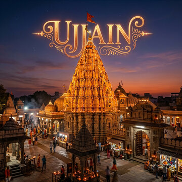 Mahakaleshwar Temple Ujjain, Illuminated Golden Spire of Holy Shiva Mandir at Night, Madhya Pradesh India
