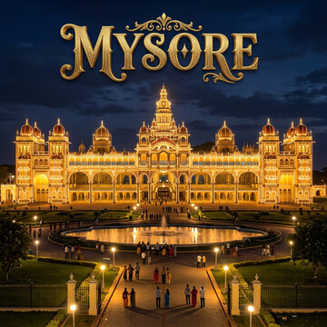 Mysore Palace Night View, Amba Vilas Palace in Karnataka India Decorated with Golden Lights
