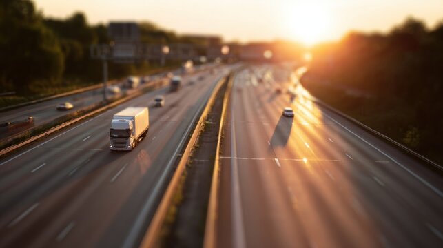 Truck drives on highway at sunset with cars traveling in both directions