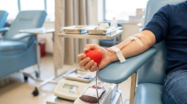 Closeup of a person donating blood while squeezing a heartshaped stress ball