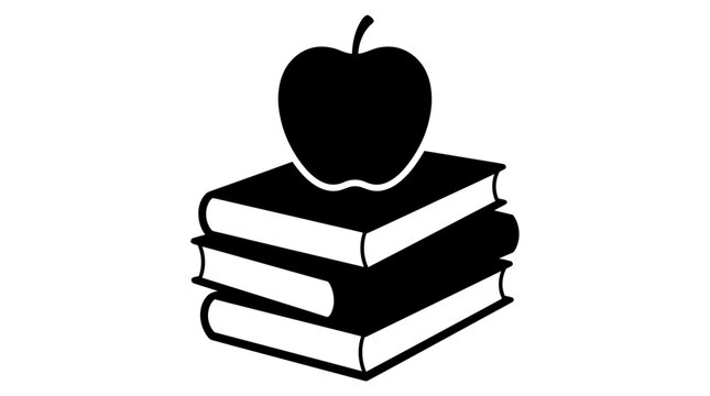  a black and white vector illustration of a stack of books with an apple on top