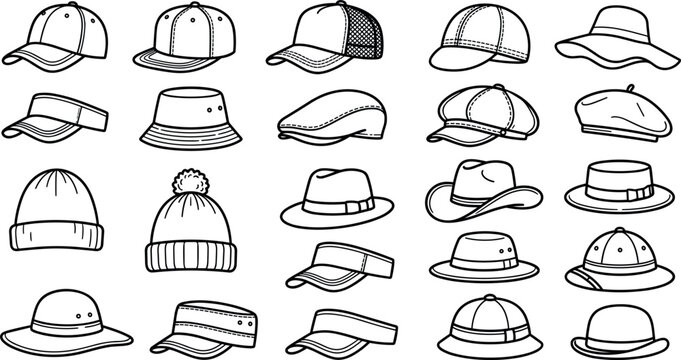 Diverse collection of hats and caps outline icons vector set including baseball trucker beanies bucket fedora and cowboy headwear