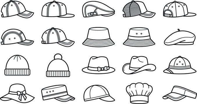 Collection of fashion hats and caps outline icons vector set including baseball snapback beanie bucket fedora and cowboy headwear styles