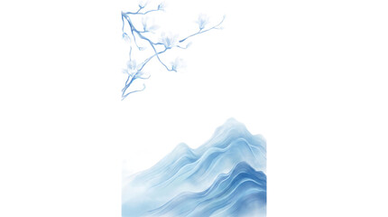 Watercolor blue mountain landscape with magnolia branches isolated on transparent background © xSHADOWx