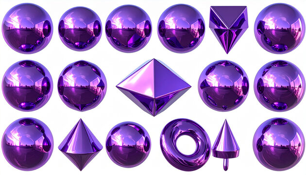 Collection of 3D Rendered Geometric Shapes in Purple Metallic Finish