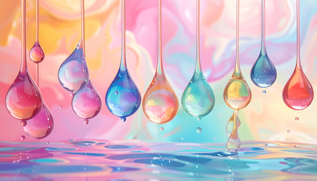 Colorful liquid drops falling into iridescent water abstract fantasy