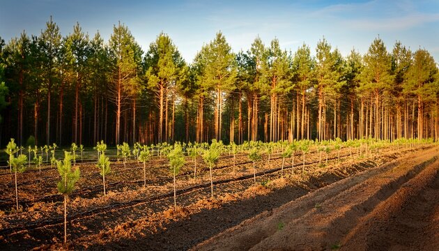 Reforestation Effort Young Saplings In Tilled Soil Rows At Forest Edge With Warm Golden Hour Sunlight And Pine Trees