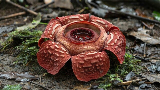 Rafflesia Arnoldii World's Largest Corpse Flower in Full Bloom Close Up on Rainforest Floor Sumatra Indonesia