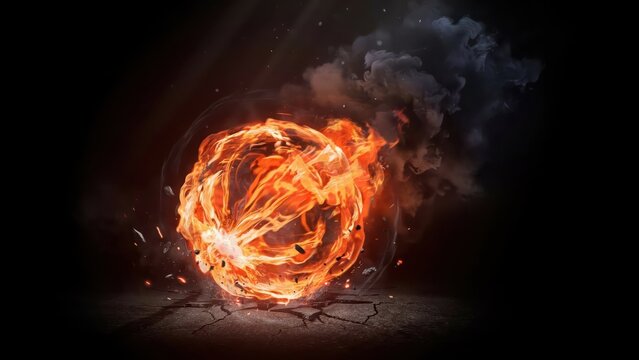 A fiery ball of flames engulfing a cracked surface with smoke rising in the dark background