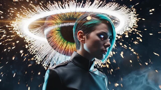 Woman stands with eye projection and radiant light burst forming halo. Female model displays colorful eye graphic with sparkle rays. Woman poses with eye halo and light burst. Sparkles radiate.