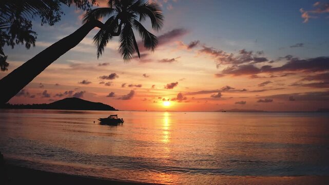 Tropical beach paradise with palm tree silhouette frames a vibrant sunset over the tranquil ocean, reflecting a warm glow on the water. A small boat rests peacefully near the shore in Samui, Thailand