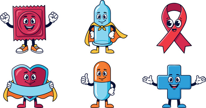 Safe Sex and Medical Care Cartoon Mascot Set with Cute Condom Pill Capsule Red Ribbon and First Aid Cross Characters for Health Education Designs