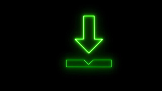 Glowing Green Neon Download Arrow Icon Button on Black Background with Glossy 3D Vector Web Symbol for Internet Save Upload Business Design Illustration Concept