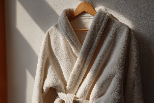 Luxury White Bathrobe Hanging on Wall